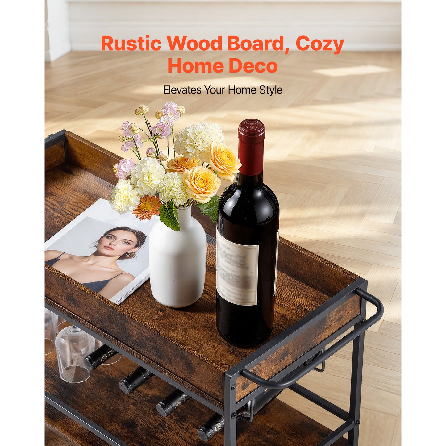3-Tier Rustic Bar Cart with Wine Rack & Glass Holders - Mobile Serving Station