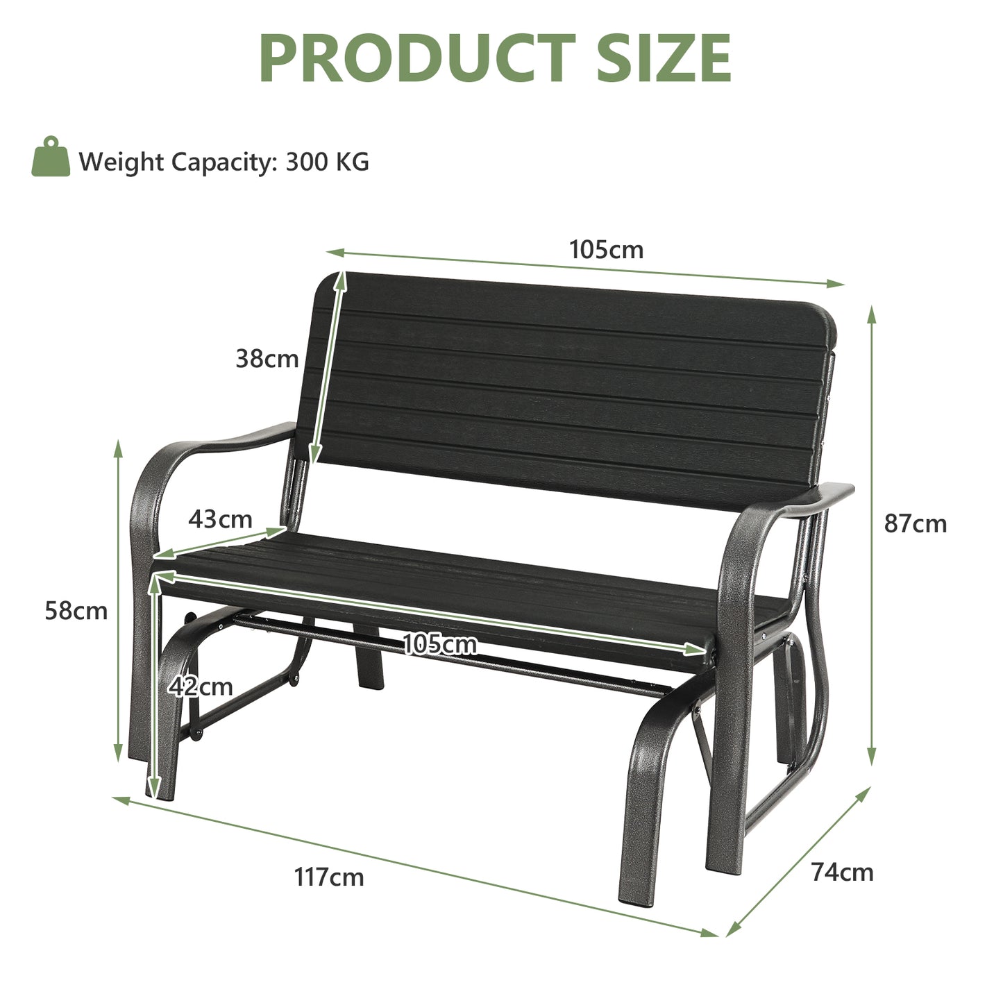 2-Seat Porch Glider with HDPE Back and Steel Frame - Black