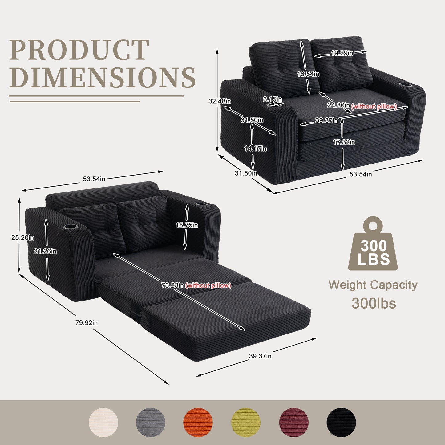 Convertible Sofa Bed - Expandable 2-in-1 Floor Couch with Pillows - Black
