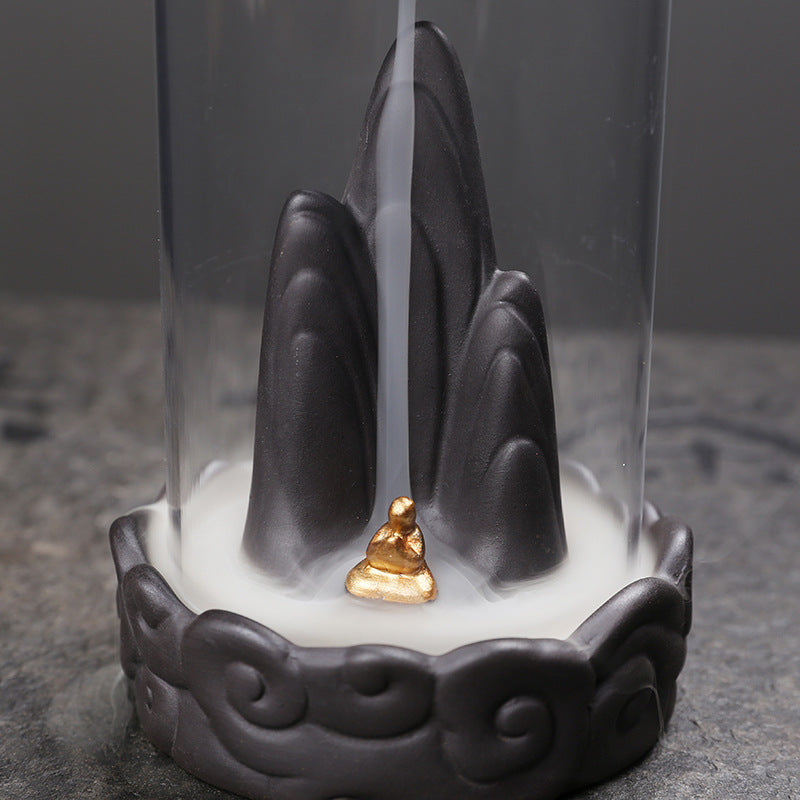 Backflow Incense Burner with Clouds Design - Gray Ceramic & Sand