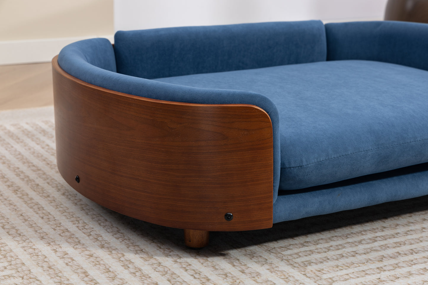 Large Scandinavian Style Elevated Dog Bed with Velvet Cushion and Solid Wood Legs