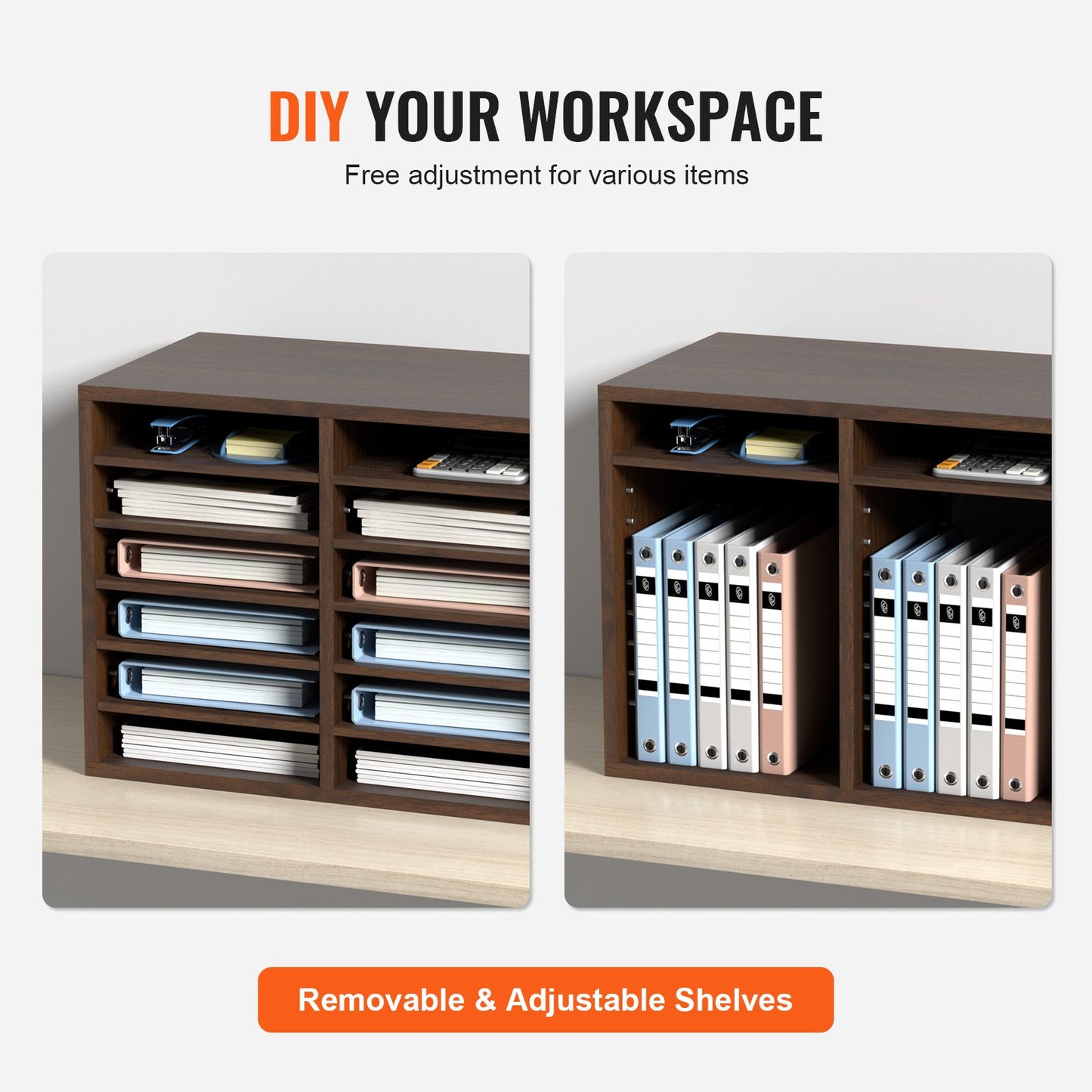 Wood Literature Organizer with 12 Compartments - Adjustable Shelves