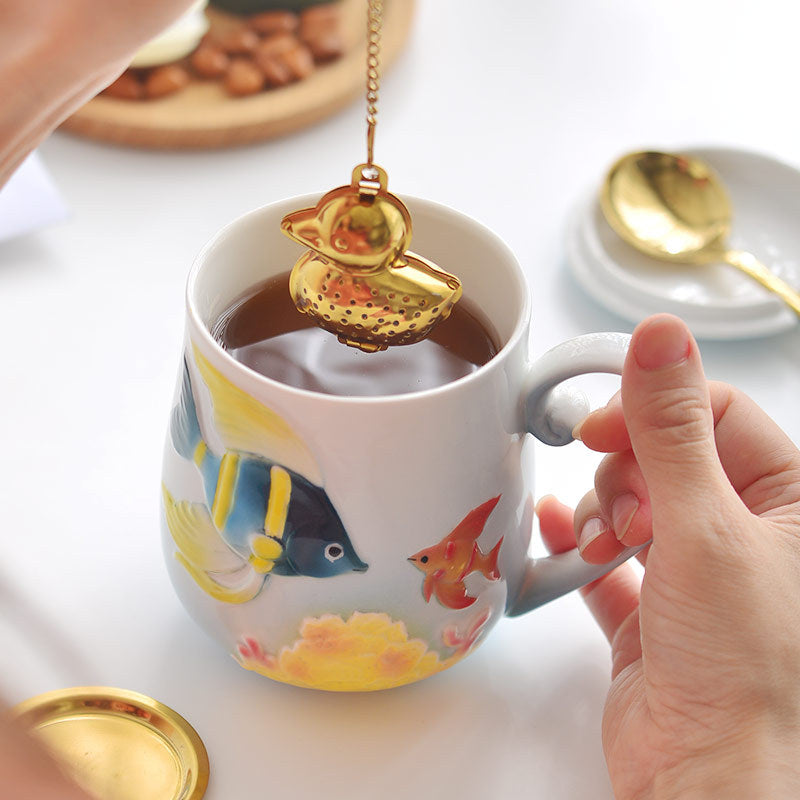 Cute Fish Enamel Porcelain Mug with Lid and Spoon - 350ml