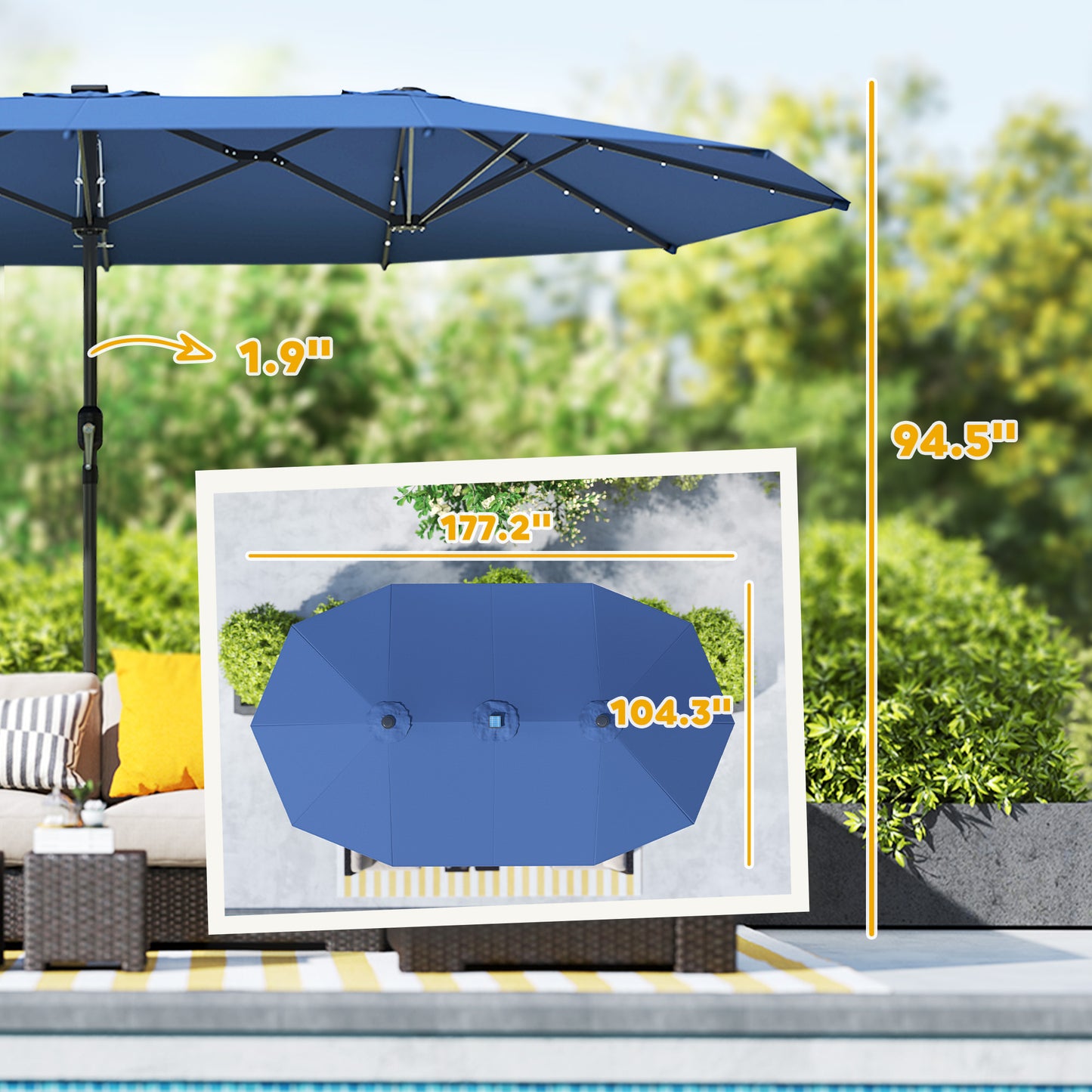 Double-Sided Sun Umbrella with LED Solar Lights - Blue