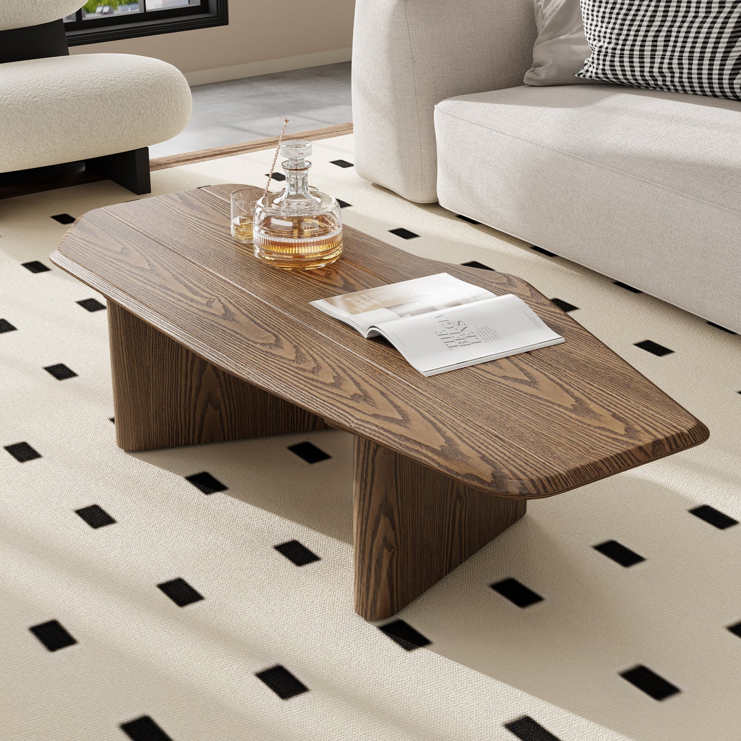 47.2-Inch Rustic Ash Wood Veneer Coffee Table - Walnut