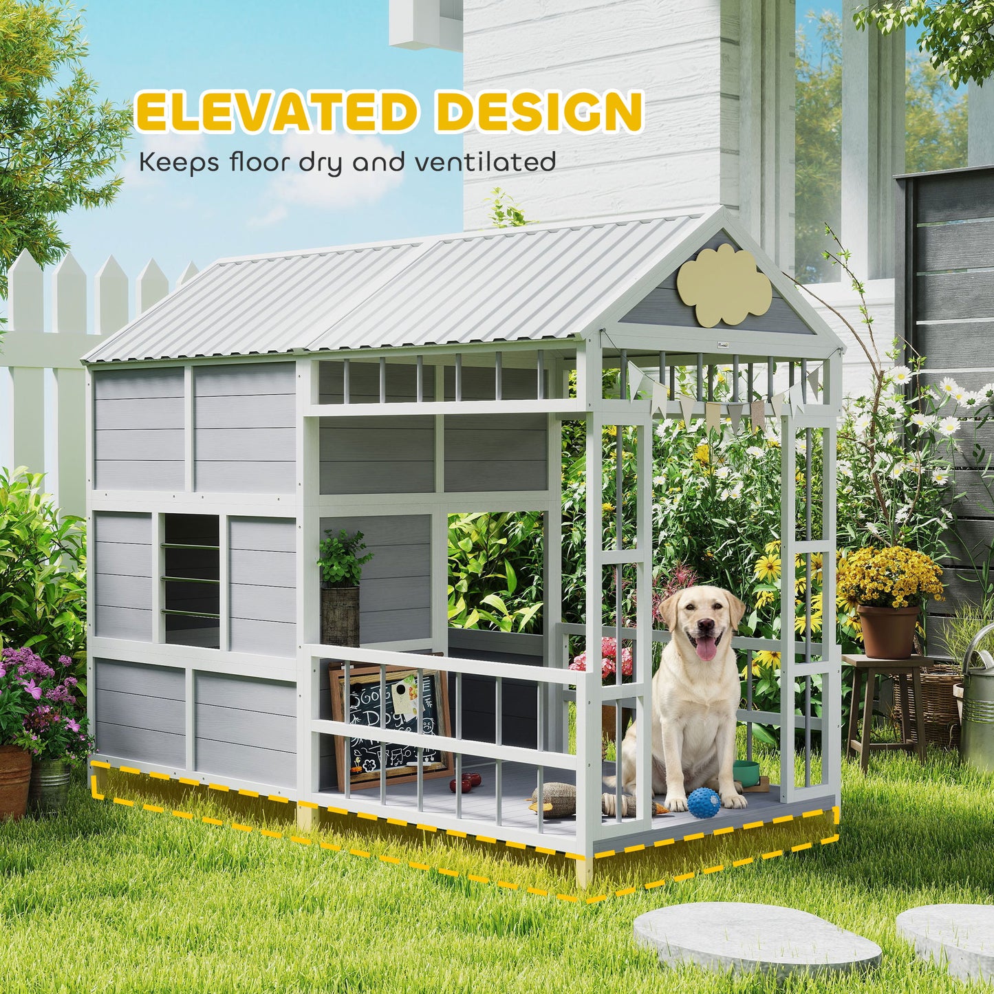 Large Wooden Dog House with Porch and Storage Cabinet - Weatherproof Outdoor Kennel