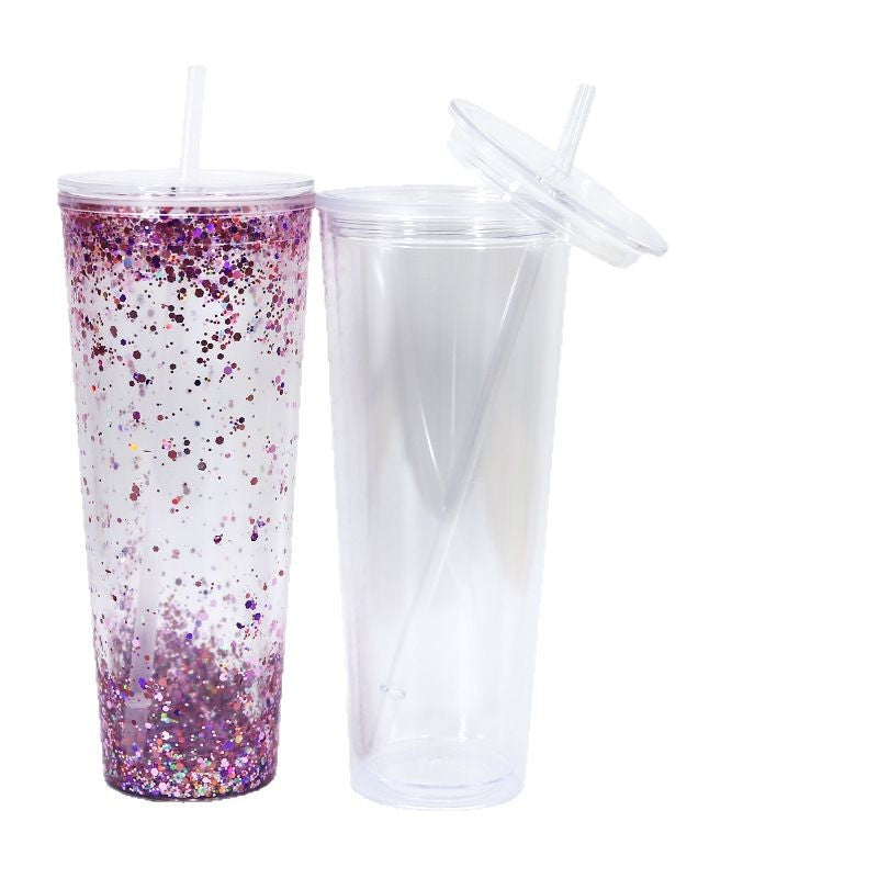 Double-Layer 24oz Acrylic Plastic Cup with Flat Lid and Plug - Leakproof Drinkware