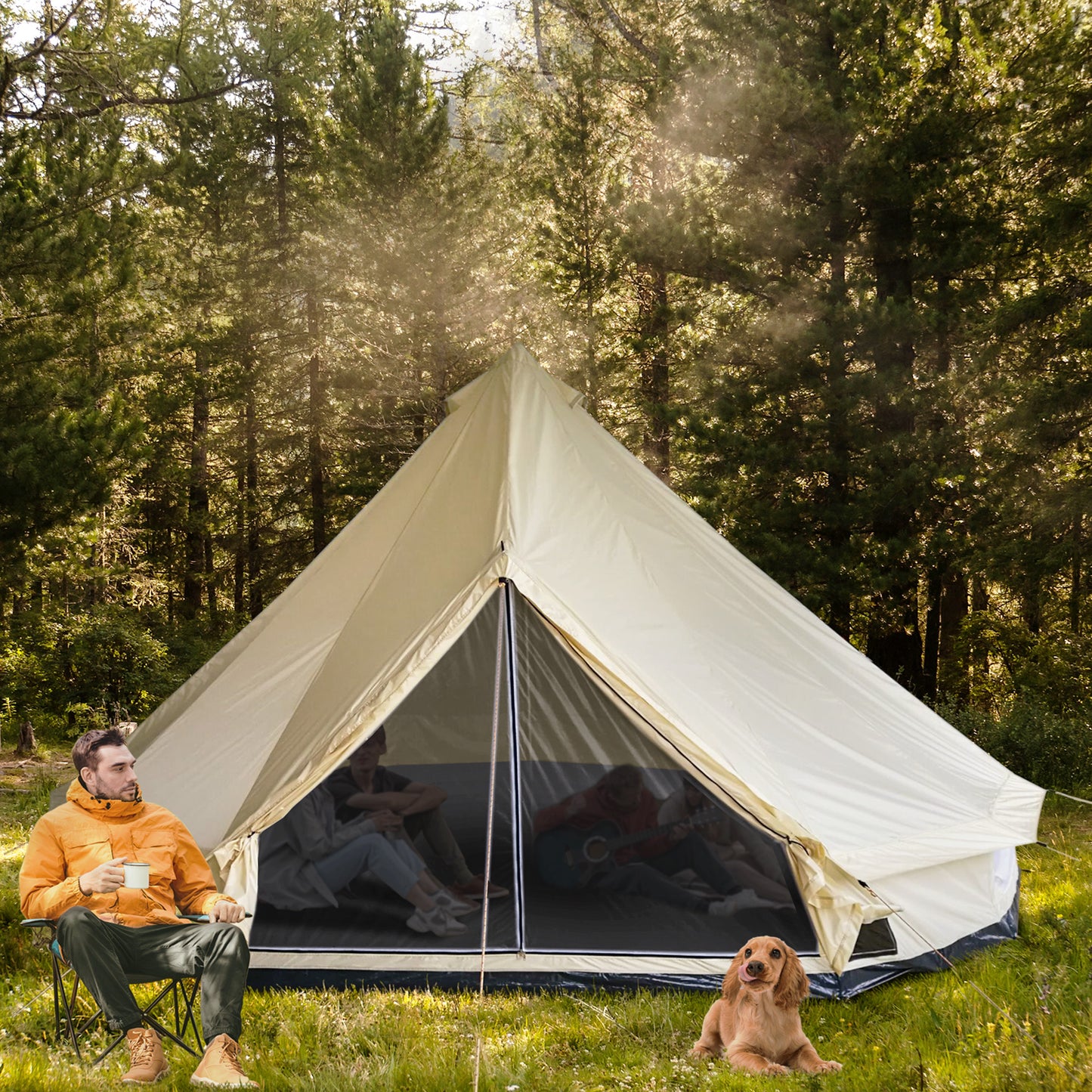 10-Person Large Waterproof Camping Tent - Beige Teepee Style