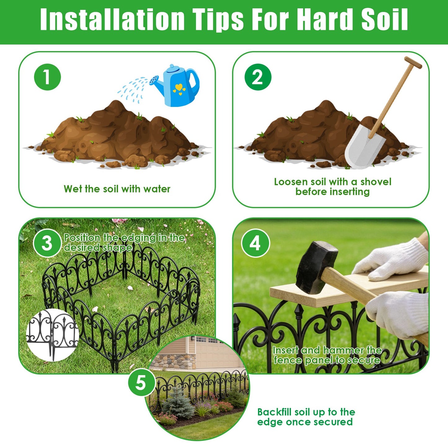 Garden Fence Panels 10 Pack Decorative Lawn Edging Border with Gloves, No-Dig Landscape Fencing, 19.3FT