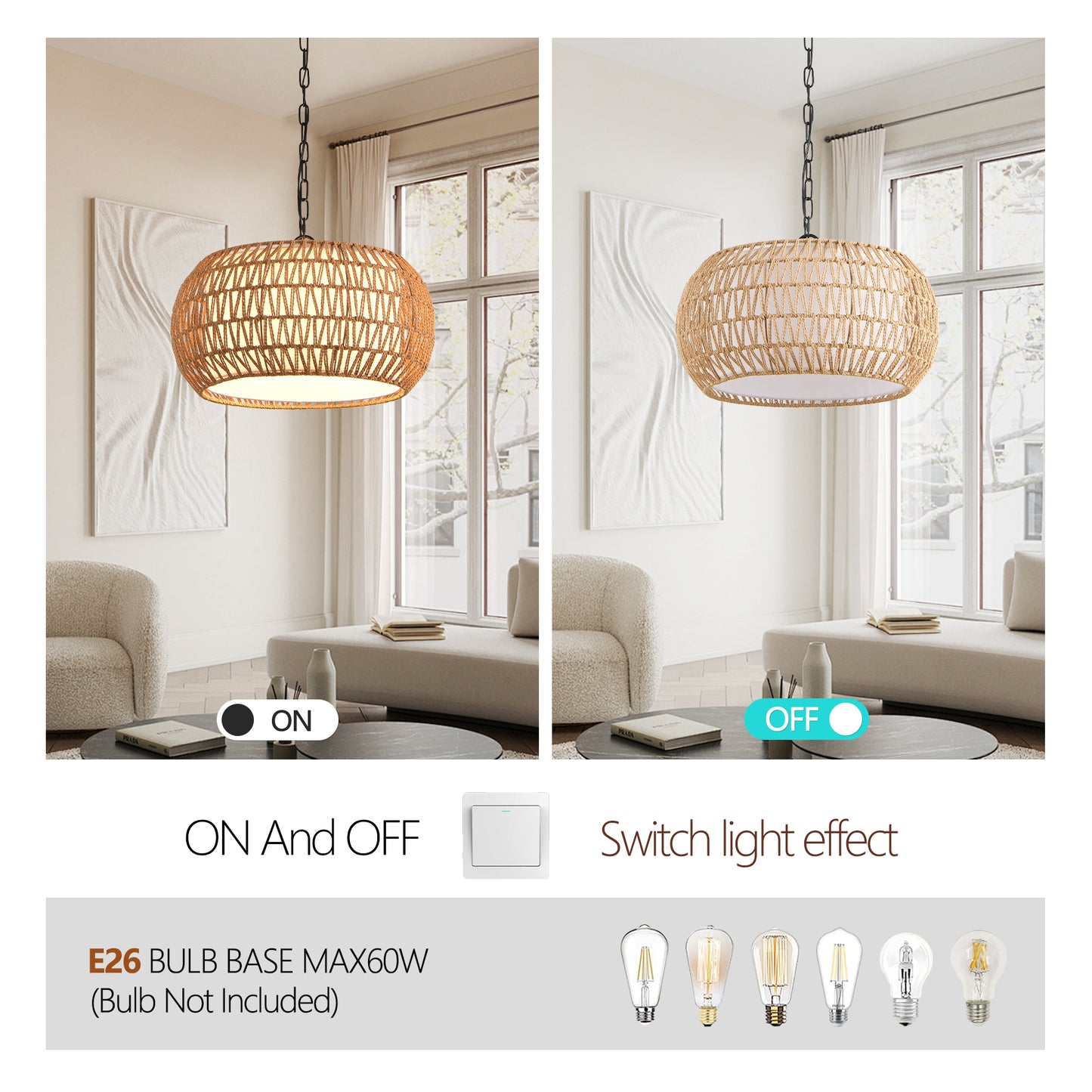 18-Inch Farmhouse Pendant Light with Adjustable Height - Boho Woven Jute Rope Ceiling Fixture, E26 Base