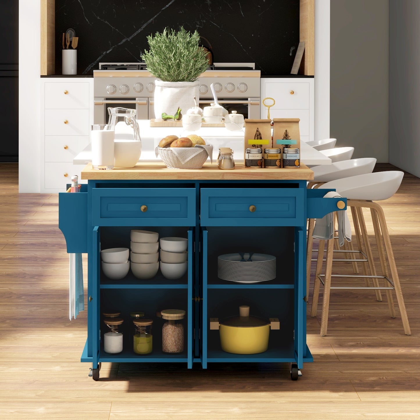 Rolling Kitchen Island Cart with Rubberwood Top & Storage - Turquoise