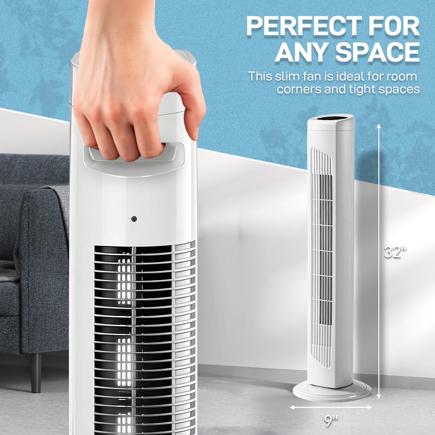 32 Inch Tower Fan with Remote, Touch Control, 3 Speeds, Oscillation, 7.5H Timer, White Home Cooling Fan