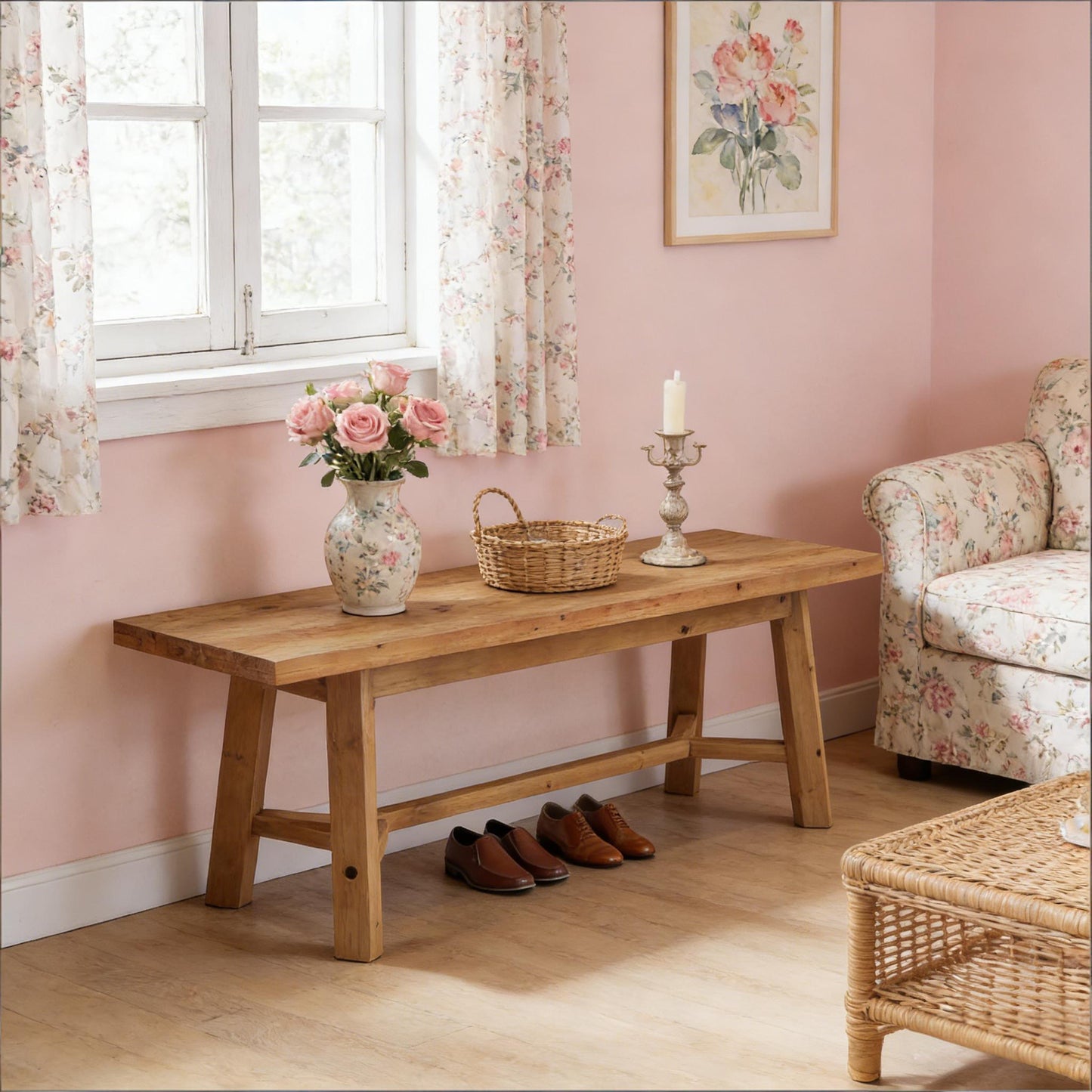 Rustic Entryway Bench - 55-Inch Solid Wood Shoe Storage