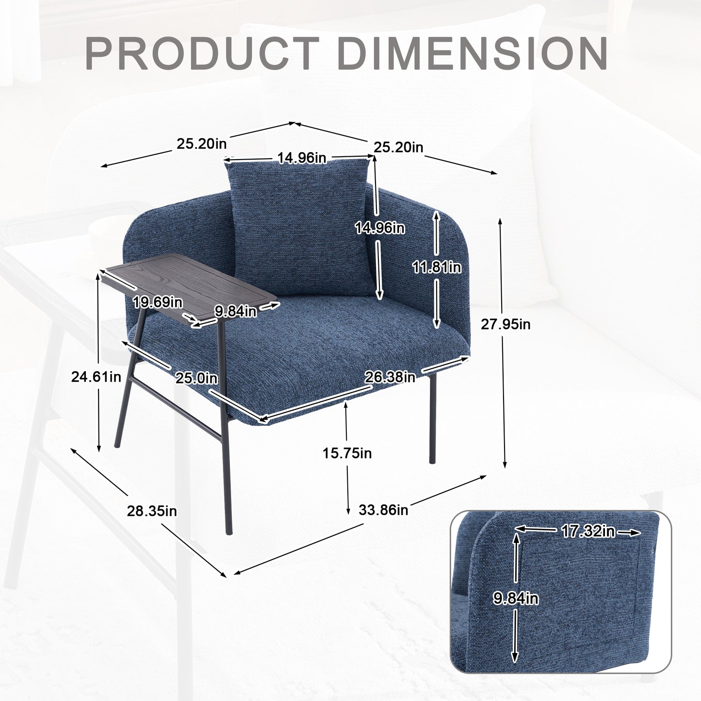 Navy Leisure Chair with Table & Back Pillow - Modern Upholstered Sofa