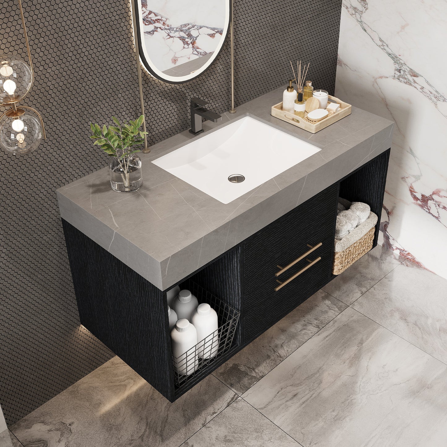 39.4-Inch Contemporary Floating Bathroom Vanity with Faux Marble Top and Ceramic Sink