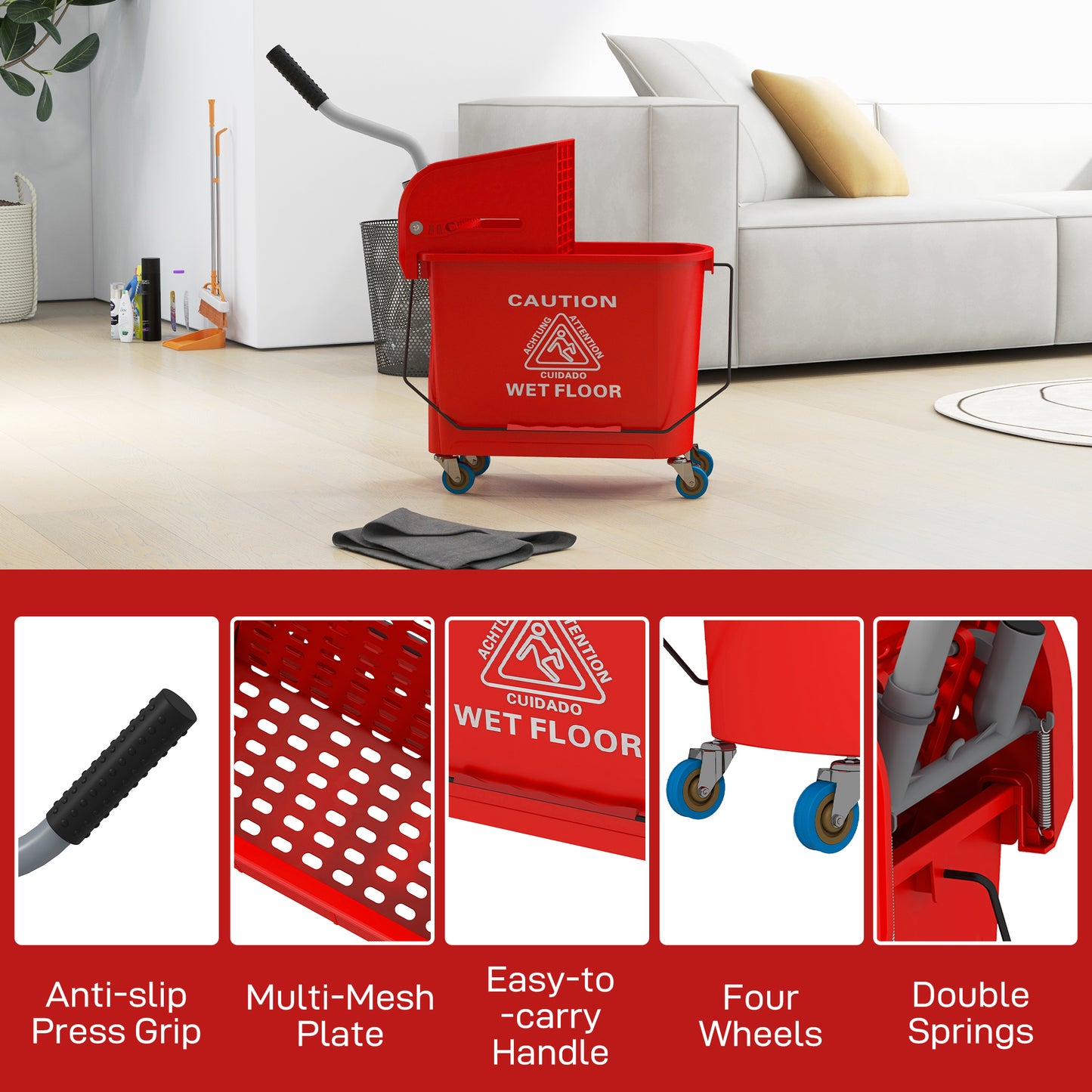 21 Quart Mop Bucket with Wringer on Wheels - Separate Clean & Dirty Water, Red