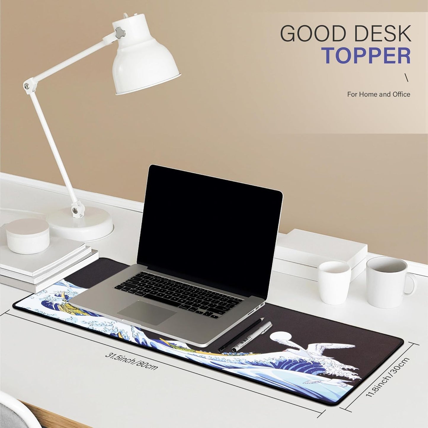 XVX Japanese Sea Wave Large Mouse Pad for Desk, Desk Mat with Seamed Edges, Waterproof Desk Pad, Gaming Mouse Pad Non-Slip Rubber Base, 31.5x11.8 Inch 3mm Thick Keyboard Pad Computer Mat, Kanagawa