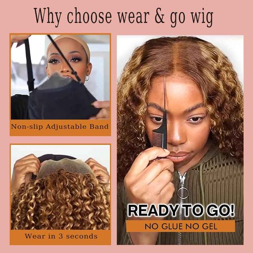 Glueless Wigs Human Hair Pre Plucked Pre Cut Wear and Go 5x5 HD Lace Closure Wigs Human Hair Deep Wave Wig P4/27 Honey Blonde Ombre Highlight Lace Front Wig Human Hair Wig 180% Density 16 Inch