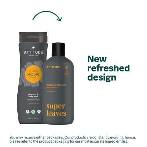 ATTITUDE 2in1 Shampoo and Body Wash, EWG Verified, Plant and Mineral-Based, Vegan Personal Care Products, Ginseng and Grapeseed Oil, 16 Fl Oz (Pack of 6)