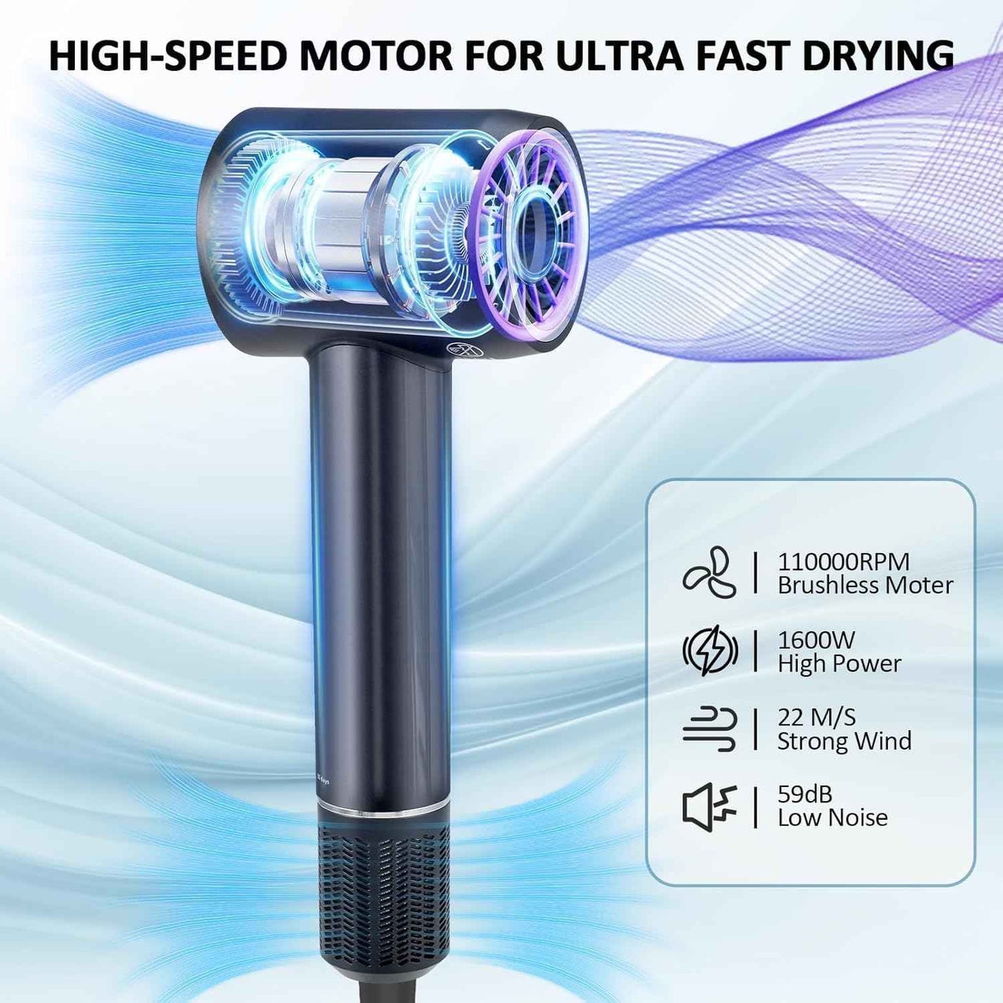 Hair Dryer,110000 RPM Professional High-Speed Blow Dryer 200 Million Millions Negative Ionic Care Hair Dryer for Fast Drying 4 Temps/2 Speeds Lightweight Hairdryer for Home Travel Women Man(Silver)