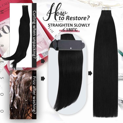 Moresoo Tape in Hair Extensions Human Hair #1 Jet Black Hair Tape in Human Hair Extensions Invisible Glue in Extensions Real Hair Straight 40 Pieces 100g 24 Inch