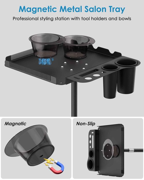 Salon Tray on Wheels,Metal Tray Rolling Cart with 2 Magnetic Bowls,Tattoo Tray, Salon Station with Hairstylist Holder and Hair Separator Stand,Multi-Function Adjustable with Wheels