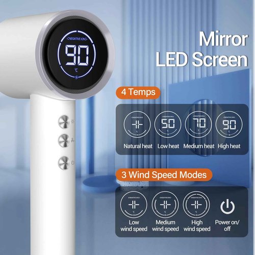 Professional Hair Dryer Blow Dryer, 1600W Ionic Hair Dryer with LED Display&Magnetic Nozzle, Portable Hair Dryer with 4 Temps 3 Air-speeds, Low Noise Hair Blow Dryer for Travel, Home-Shell White