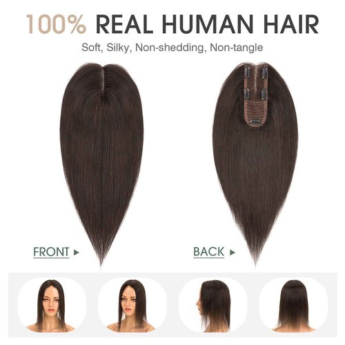 S-noilite Real Human Hair Toppers for Women - 100% Real, 2.25"x6" Lace Silk Base, 12" Dark Chocolate Brown