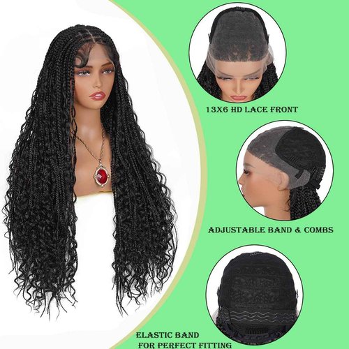 36 Inch Long Boho Knotless Braided Wigs For Women Natural Black 100% Hand Tied 13x6 Bohemian Boho Box Braids Lace Front Wig Synthetic Braid Wig With Baby Hair (Natural Color Braided Wigs, 36 Inch)