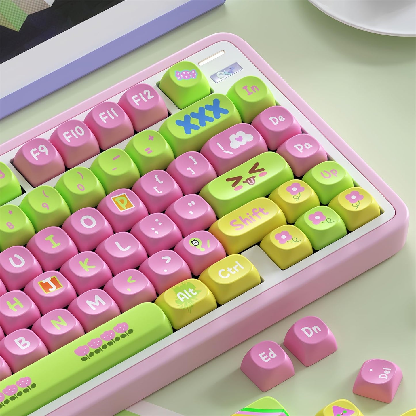 ZMX Cute PBT Keycaps,Kawaii Dye-Sub Custom Keycaps SOA Profile 136 Keys Full Size Keycap Set for 60% 65% TKL Full Size Cherry MX Switch ANSI Layout Mechanical Gaming Keyboard Creamy Keycaps (01)