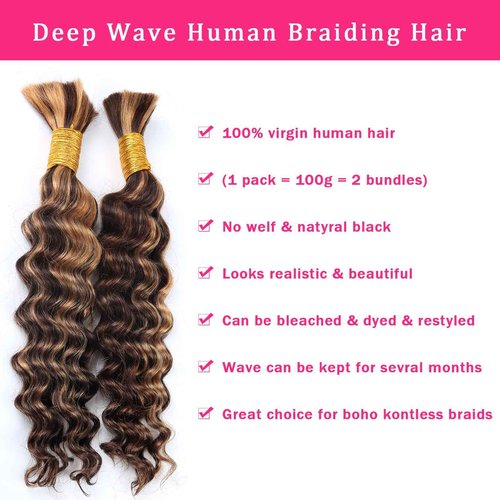 Human Braiding Hair for Boho Braids Highlight Deep Wave Bulk Human Hair for Braiding 22 Inch 2 Bundles 100G P430 Brazilian Wet and Wavy Curly Ombre Human Hair Braiding Hair Extensions No Weft Bundles