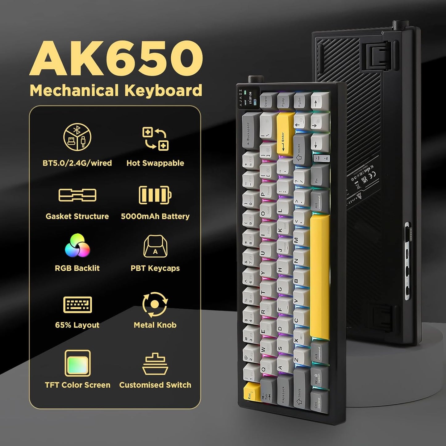 AJAZZ AK650 Mechanical Gaming Keyboard with Smart Display & Knob,65% Wireless Mechanical Keyboard BT/2.4G/USB-C, Hot Swappable, Creamy Sounding with RGB Light (Purple,Flying Fish Switch)