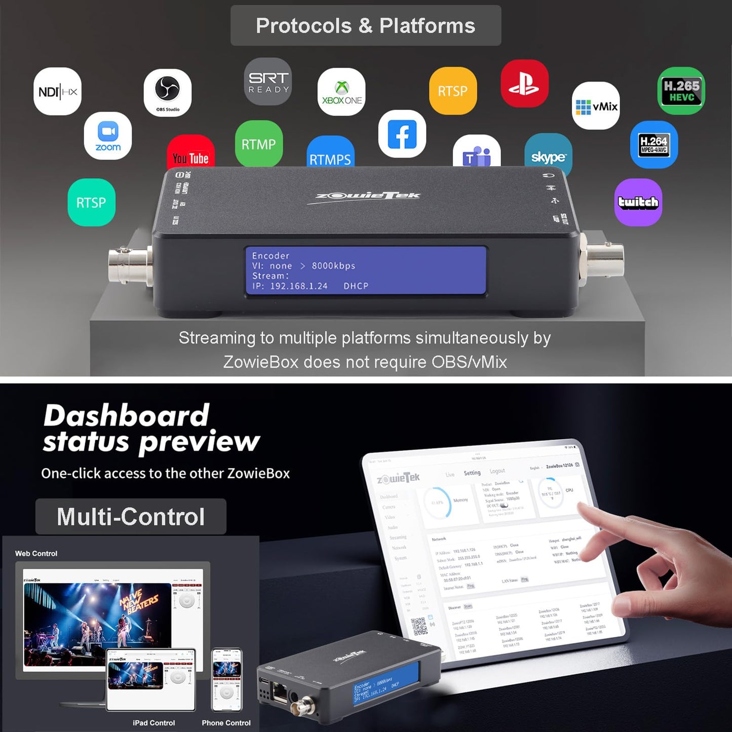 3G SDI Native NDI|HX3 Video Streaming Encoder Decoder, ZowieBox, UVC to SDI Converter, SDI Video Capture Extender with Loopout, SRT/RTMP(S)/RTSP to NDI, Standalone H.265/H.264 Live Stream with PoE