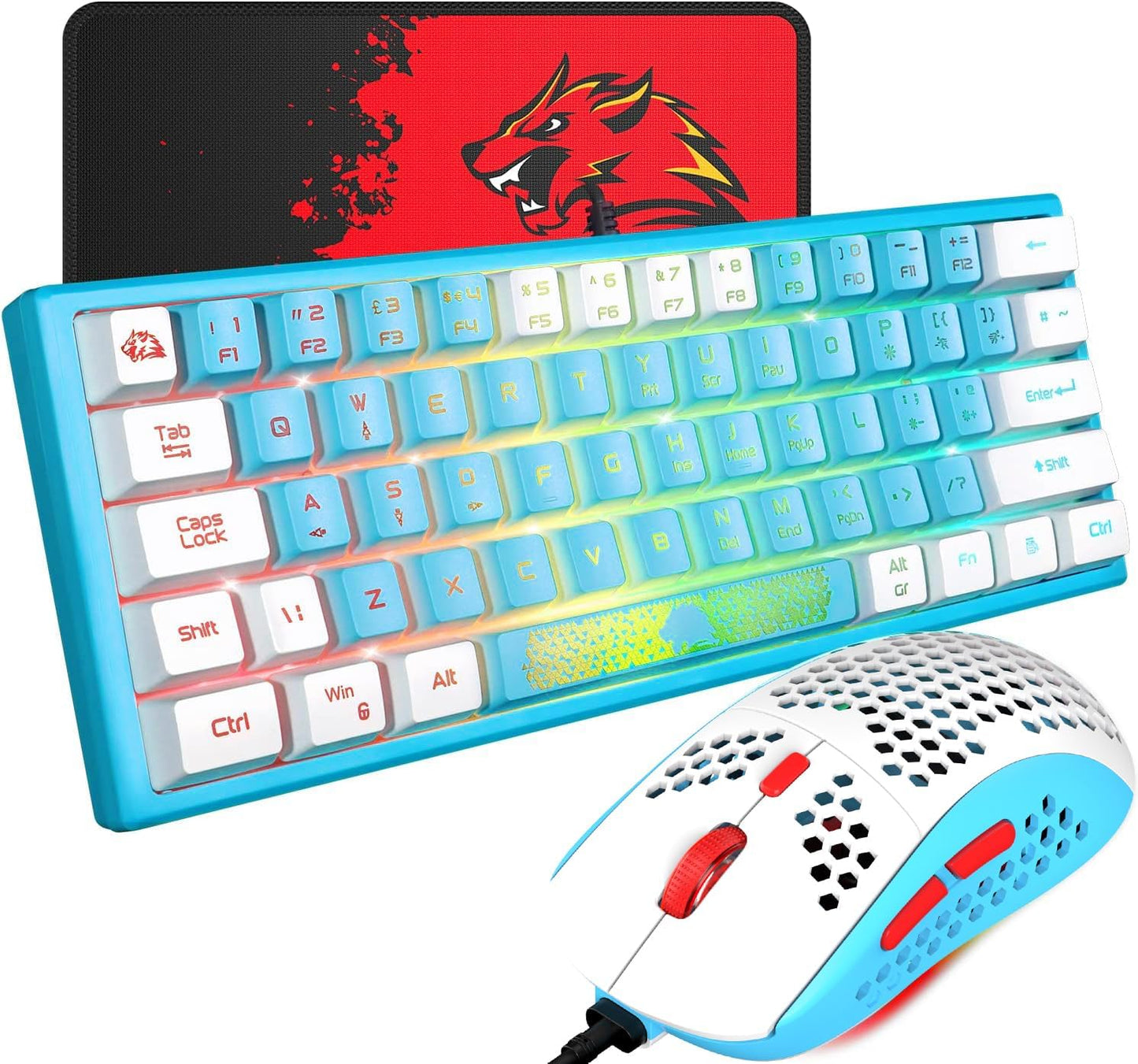 60% Gaming Keyboard and Mouse Combo Small Mini RGB Backlight Mechanical Feeling and Mechanical RGB 6400 DPI Honeycomb Optical Mouse,Gaming Mouse pad for Gamers and Typists Black