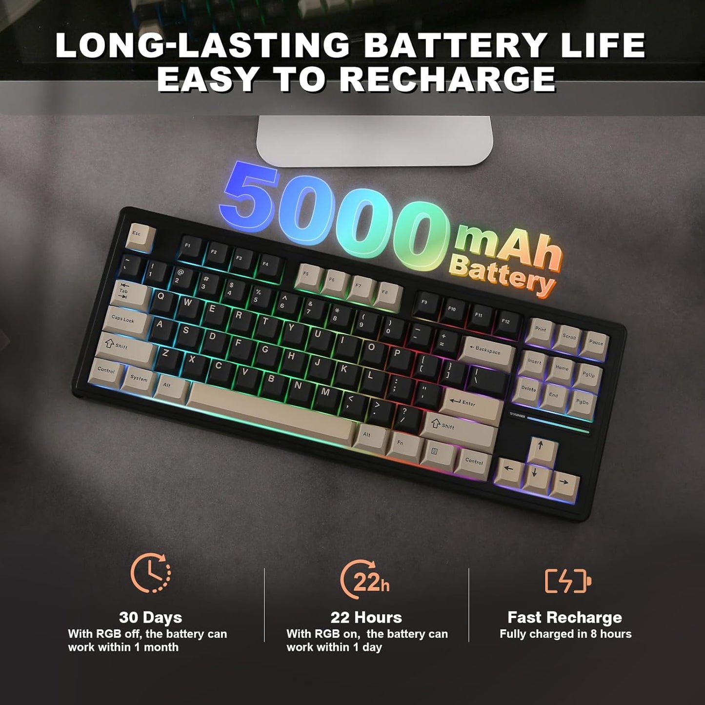 YUNZII YZ87 Gasket Mechanical Keyboard,TKL Wireless Hot Swappable with 5-Layer Padding, BT5.0/2.4G/USB-C NKRO RGB Backlit for Win/Mac(White, Milk Switch)