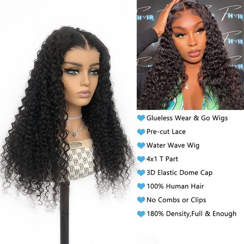 4GIRL4EVER Glueless Wear & Go Wigs Water Wave T Part Lace Front Wigs Human Hair Pre-cut 4X1 HD Transparent Lace Closure Wet and Wavy Wigs for Black Woman Human Hair Glueless Wig 18 Inches