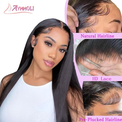 18 Inch Straight Lace Front Wigs Human Hair Pre Plucked 180% Density Glueless Wigs Human Hair 13x4 HD Transparent Human Hair Lace Frontal Natural Hairline Brazilian Virgin Hair for Women Natural