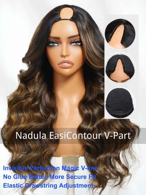 Nadula Balayage Ombre V Part Yaki Wavy Drawstring Wigs Human Hair No Leave Out Upgrade U Part Wig,Glueless Highlight V-part Wavy Wig with Flip Out Bangs Ready to Go Vpart Wig 150% Density 18inch
