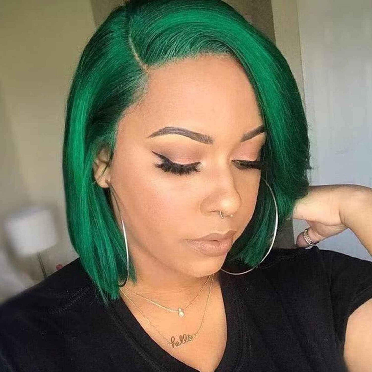 13x4 Transparent Lace Frontal Dark Green Bob Wig Human Hair Brazilian Virgin Short Bob Wigs 180% Density Dark Green 13x4 Lace Bob Wig Pre Plucked Natural Hairline with Baby Hair(8 Green)