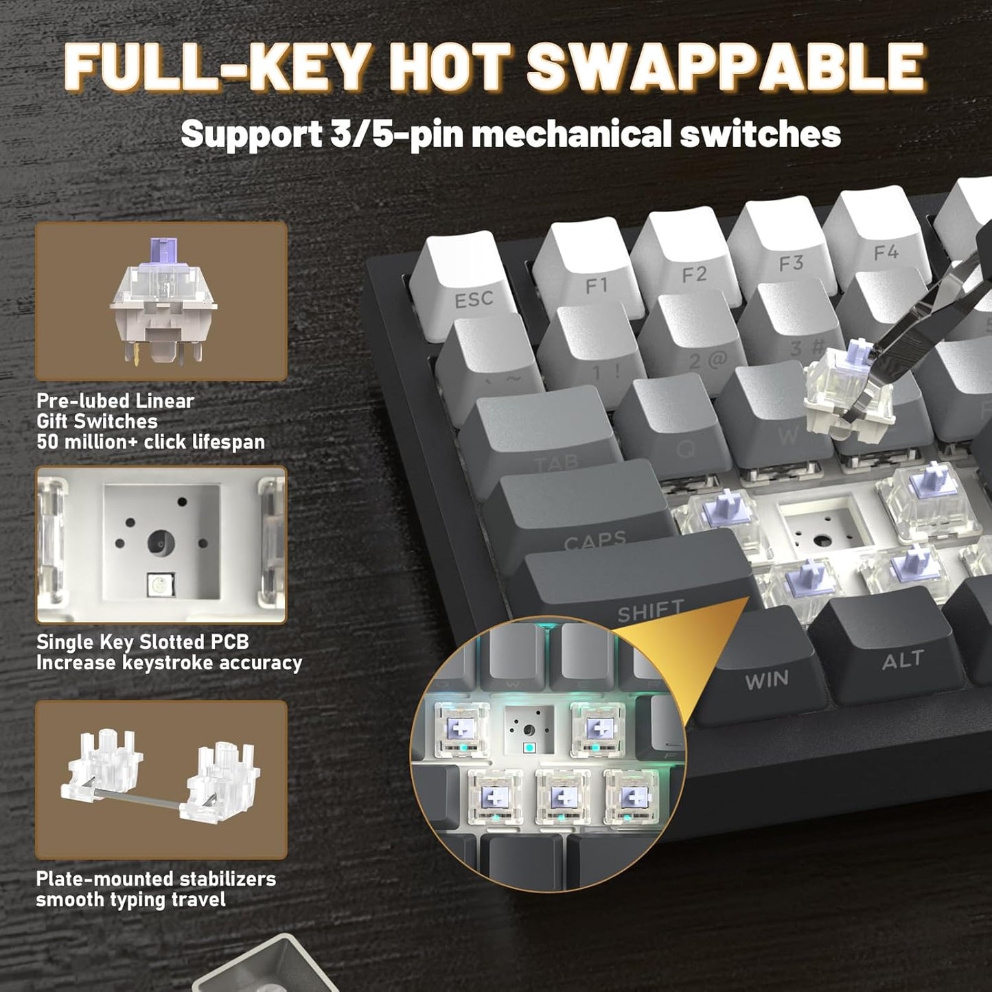 Attack Shark ajazz AK820 Pro 75% Mechanical Keyboard and Coiled Cable Hot Swappable Wireless 2.4GHz/Bluetooth/Wired TFT Screen & Knob Flying Fish Switch RGB Gasket Mount Custom Keyboard-Black
