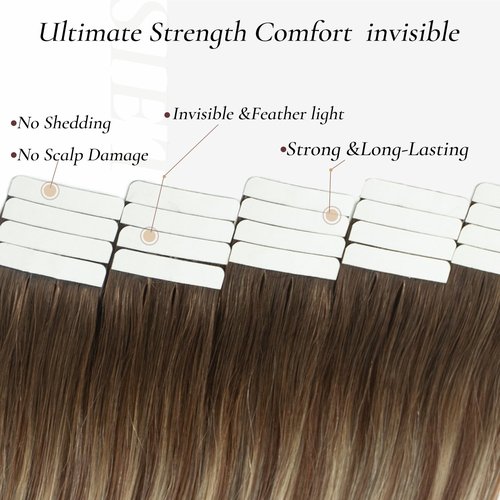Hyssiet Tape in Hair Extensions Human Hair, 20pcs 50g 18 Inch Tape in Hair Extensions, Balayage Walnut Brown To Ash Brown Mix Light Blonde,Invisible Remy Silky Straight Real Natural Thick Human Hair