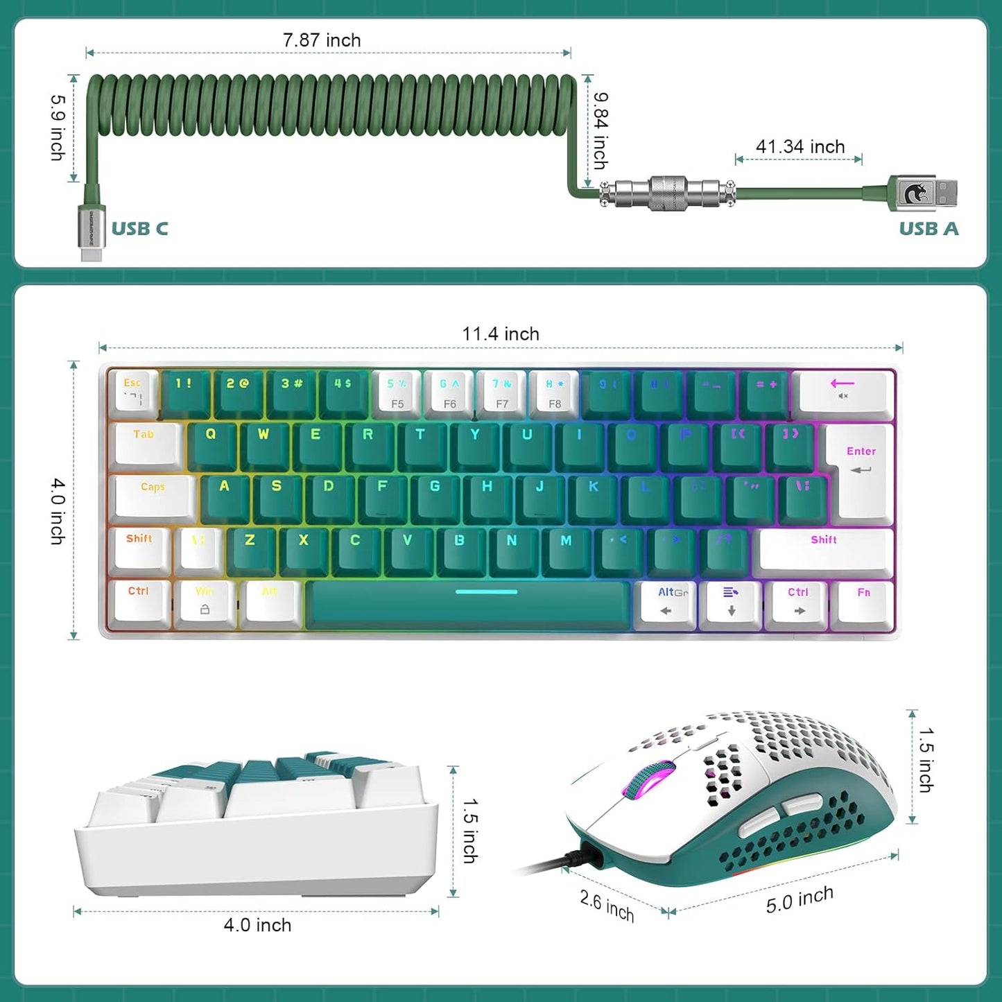 ZIYOU LANG RK-T60 Wired Mechanical Gaming Keyboard and Mouse Combo Portable with Rainbow Backlit 62Key NKRO 6400DPI RGB Honeycomb Mice Coiled Aviator Cable for PS4/PC/WIN Gamer(Light Gray/Red Switch)