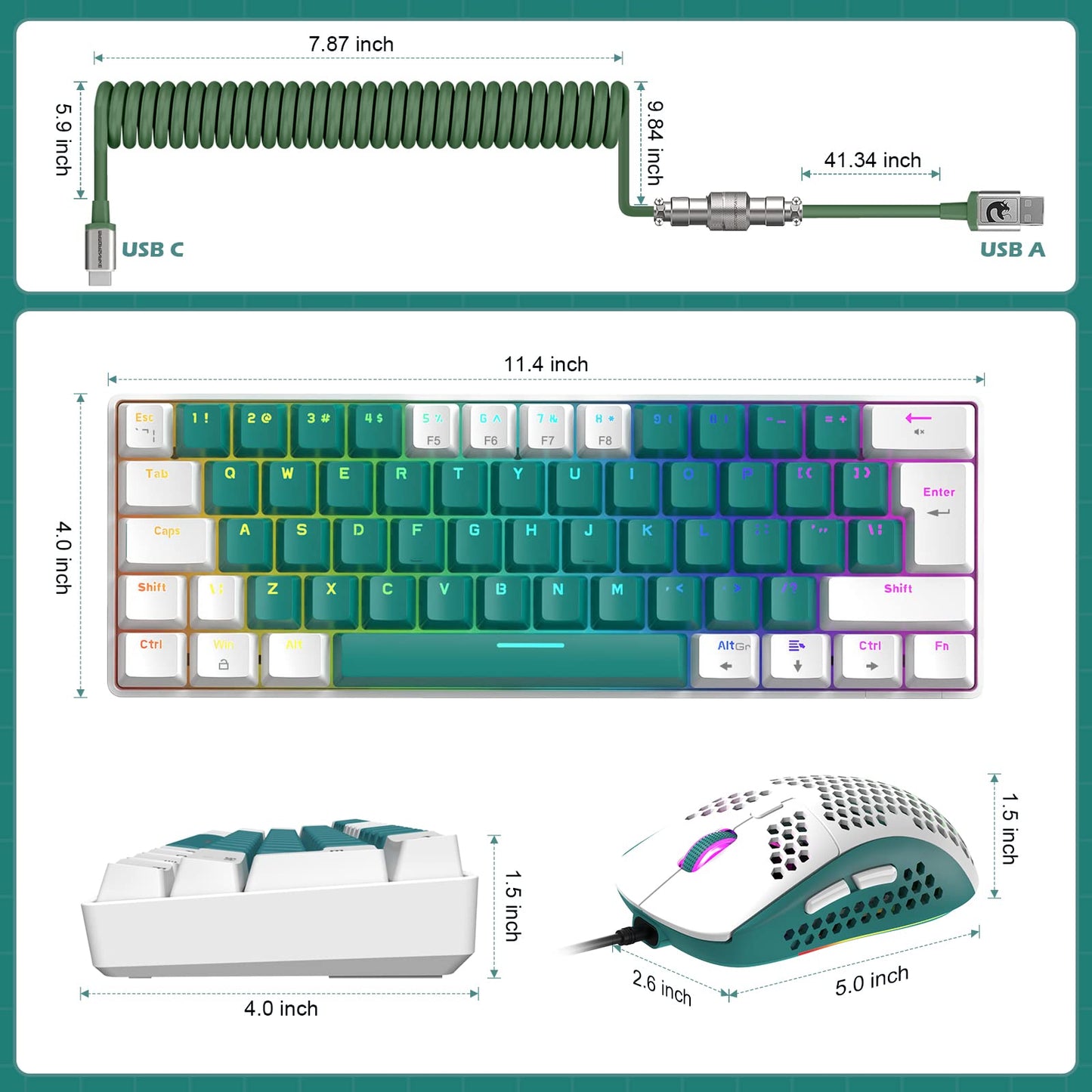 ZIYOU LANG RK-T60 Wired Mechanical Gaming Keyboard and Mouse Combo Mini Portable with Rainbow Backlit 62Key NKRO 6400DPI RGB Honeycomb Mice Coiled Aviator Cable for PS4/PC/WIN Gamer(Green/Blue Switch)