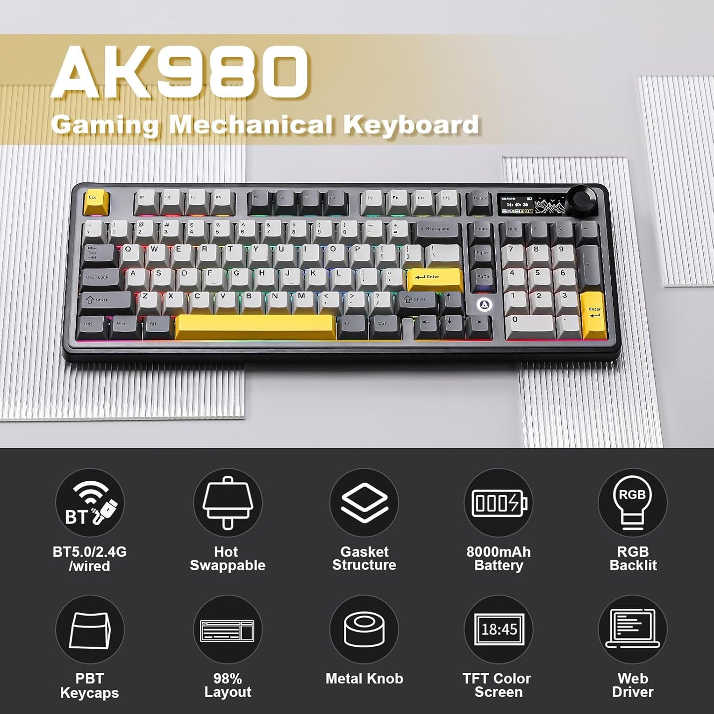 AJAZZ AK980 Wireless Keyboard with Smart Display & Knob,PBT Keycaps-MOA Highly Rounded Heat Sublimation