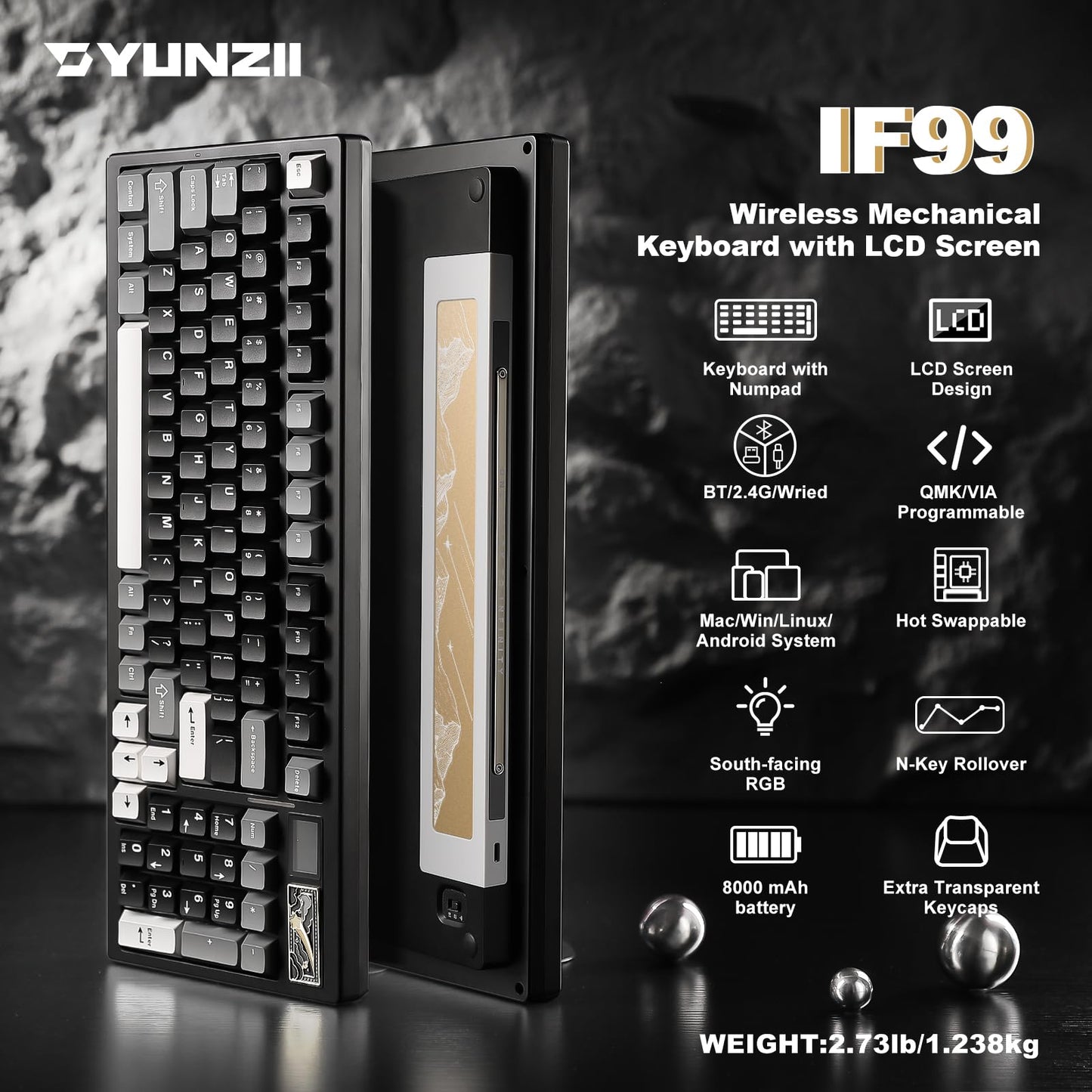 YUNZII IF99 Wireless Mechanical Gaming Keyboard with Smart LCD Display, QMK/VIA Programmable BT/2.4G/USB-C Gasket Mounted Hot Swap RGB 96% Layout for Mac/Win (Black, Cocoa Cream V2 Switch)