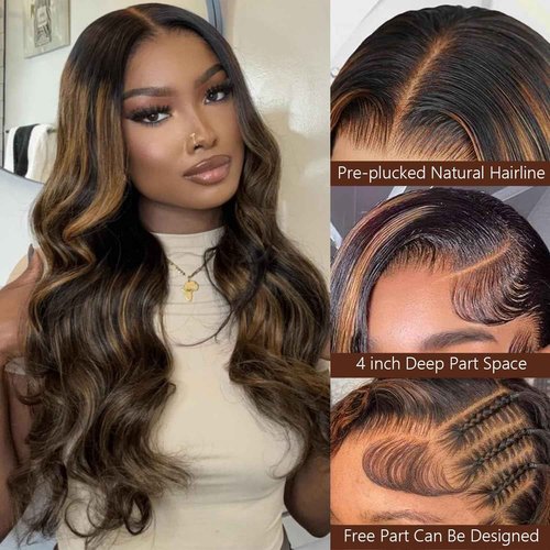 Highlight Ombre Lace Front Wig Human Hair Body Wave Lace Front Wigs Human Hair Pre Plucked 13x4 1B/30 HD Lace Frontal Highlight Wig 20 Inch Colored Balayage Wig 180% Density Glueless Wigs for Women