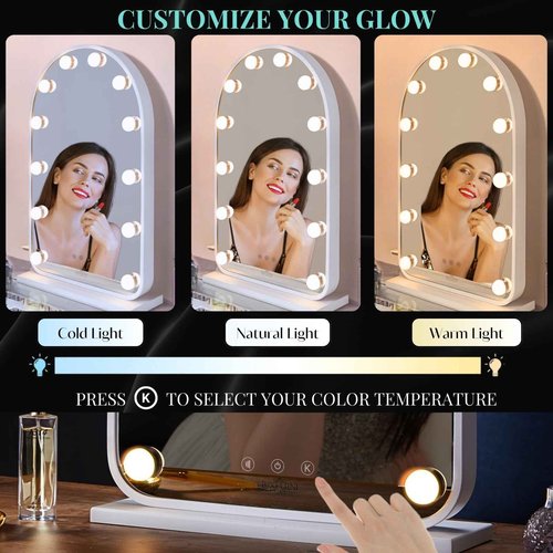 LUXFURNI Vanity Mirror with Lights, 24.5" x 15.8" Arched LED Makeup Mirror, Lighted Hollywood Mirror with Lights, Smart Touch Control Dimmable 3 Modes Light, White
