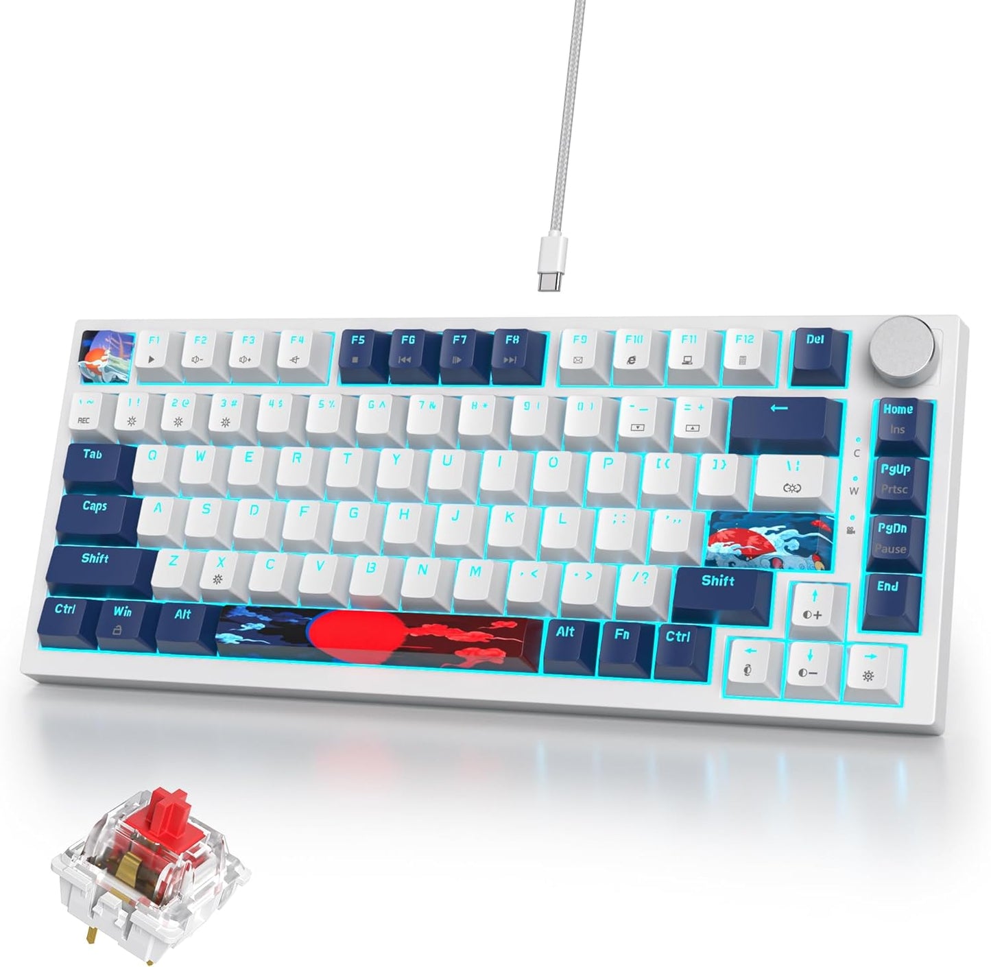 75% Mechanical Gaming Keyboard with Volumn Knob, Gasket Hot Swappable RGB, Wired, Red Switch, 82 Keys Compact Creamy (Black Grey)