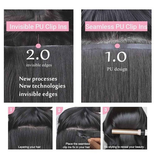 Invisi Edge Clip In Hair Extensions Burmese Curly 3C4A Raw Human Hair 16 Inch 130g 7pcs 16A Injected Seamless PU Clip In Extensions Quick Wear Invisible Skin Clip Ins PU Double Weft Natural Black