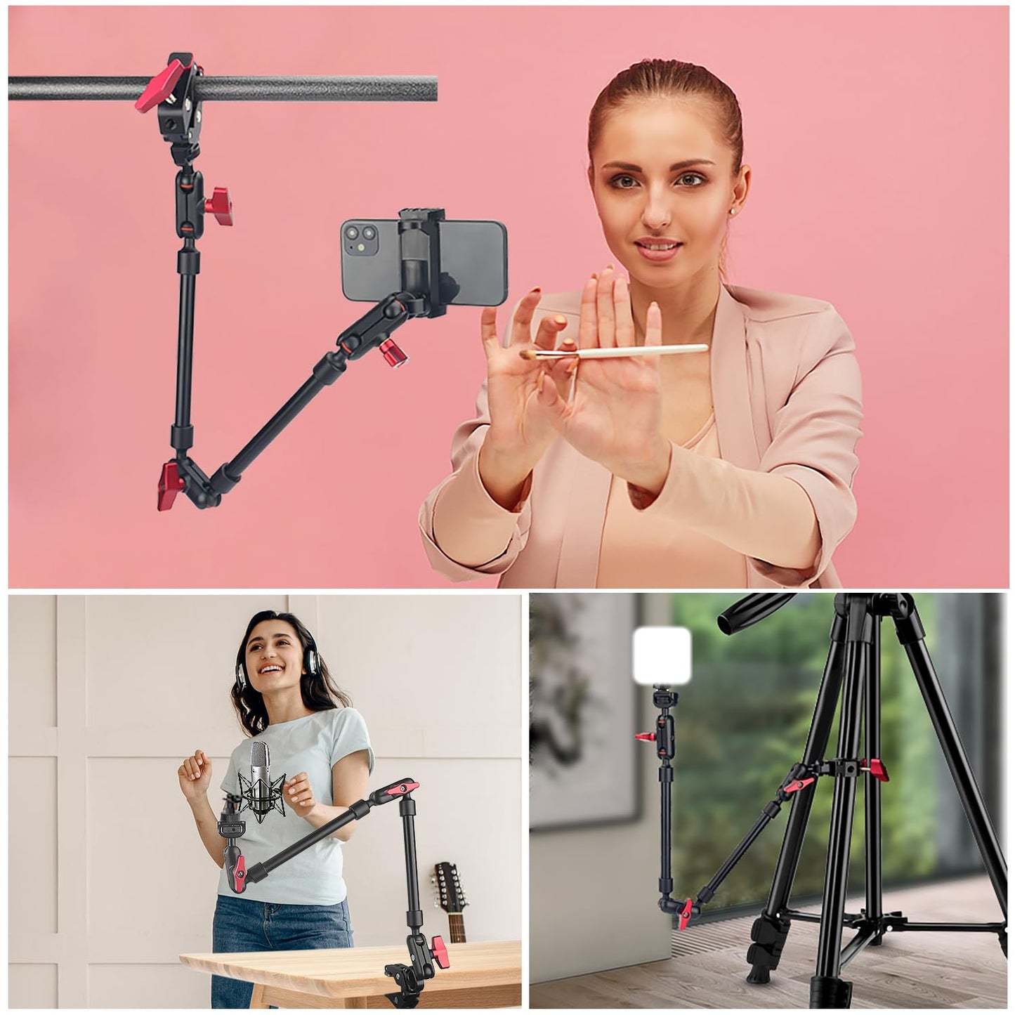 22" Magic Arm w Clamp Camera Mount, Overhead Phone Mount w Dual Ball Head Articulating Mic Boom Arm, 3/8" 5/8" Screw Adapters, Adjustable Camera Desk Mount Stand for Webcam Tripod Light Video Rig